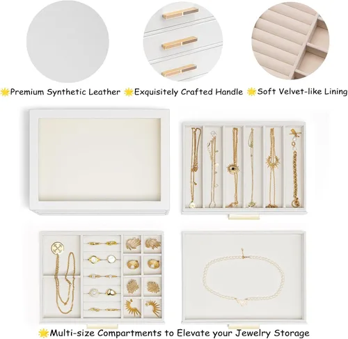 Vista 2 de Vlando - Joyero con 3 cajones y tapa de vidrio, organizador de cuero sintético para anillos, aretes, collares y más, estuche de joyería listo