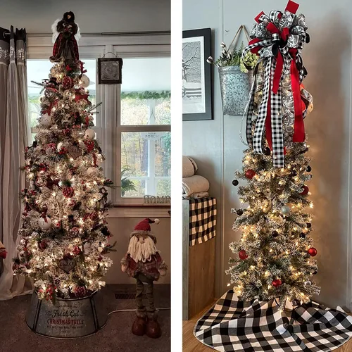 Vista 6 de Árbol de Navidad artificial de lápiz flocado con luces de 7.5 pies, árbol de Navidad preiluminado artificial con 350 luces transparentes, árboles