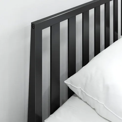 Vista 5 de Plank+Beam Base de cama individual moderna de madera maciza con cabecera de listones, plataforma escandinava con soporte de listones de madera, Negro