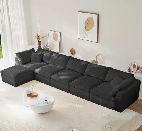 Vista 13 de Sofá modular de nube sin hueso de 108 pulgadas con asiento profundo para sala de estar, sofá en forma de L con otomana, tela de copo de nieve y Negro