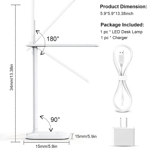 Vista 6 de Lámpara de escritorio LED, luz de escritorio con puerto de carga USB, 3 modos de color, 5 niveles de brillo, lámpara de mesa regulable, lámpara