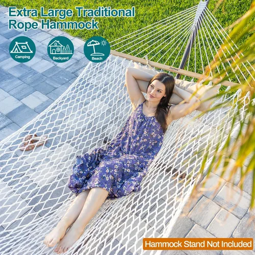 Vista 2 de JoyView Hamaca doble de cuerda tradicional, hamaca de algodón tejida a mano con barra separadora de madera dura y almohada, capacidad de 450 libras