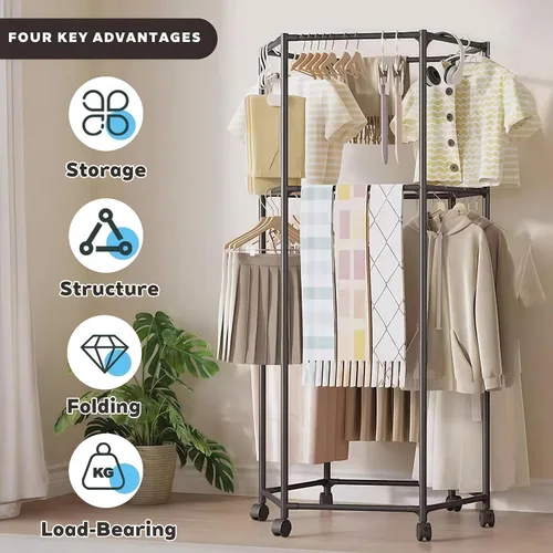 Vista 5 de Perchero hexagonal con ruedas para colgar ropa, armario portátil con ruedas, estante independiente para dormitorio, lavandería, balcón (2 capas)
