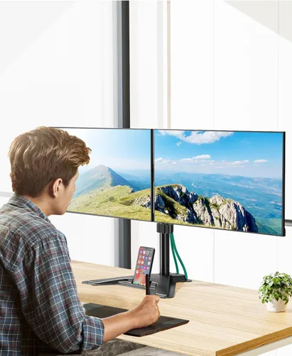 Vista 3 de MOUNT PRO Soporte para monitor doble, soporte de escritorio para monitor de movimiento completo, se adapta a 2 pantallas de hasta 27 pulgadas, 17.6