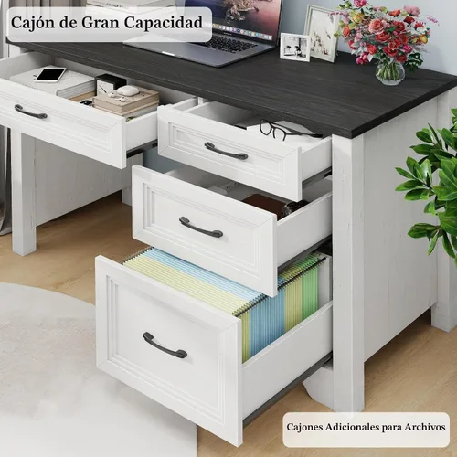 Vista 5 de Halitaa Escritorio ejecutivo de granja con cajones, escritorio de madera para computadora con amplio cajón de archivos, escritorio rústico
