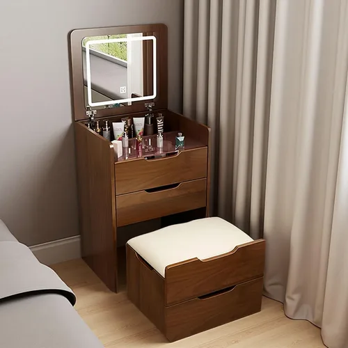 Vista 15 de Montary Mesa de tocador de maquillaje de 39 pulgadas con espejo iluminado con pantalla táctil, tocador de madera de goma con cajón grande