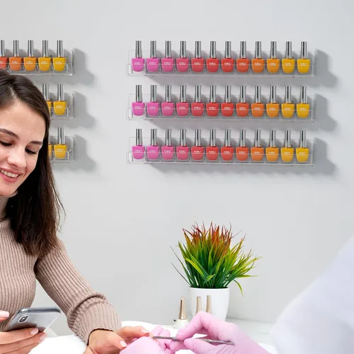 Vista 8 de FEMELI Estante de pared acrílico transparente para esmalte de uñas: 12 estantes de exhibición del soporte del organizador - 15 pulgadas