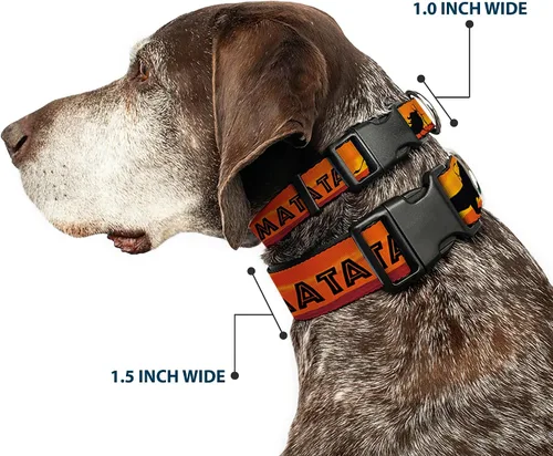 Vista 2 de Buckle-Down Collar de clip de plástico, diseño de Rey León HAKUNA MATATA Sunset Oranges/Negro, 1 pulgada de ancho, se adapta a cuello de 9 a 15