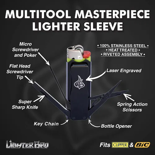 Vista 2 de LighterBro Funda para encendedor – Multiherramienta – Acero inoxidable 420 – Se adapta fácilmente a tus encendedores favoritos – Incluye mini