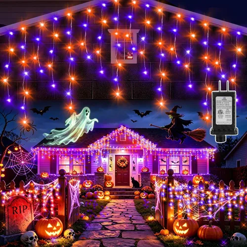 Vista 17 de Guirnalda de 400 luces LED con 75 gotas, de 33 pies, 8 modos de funcionamiento, de alambre transparente para decoración al aire libre, 400 modos