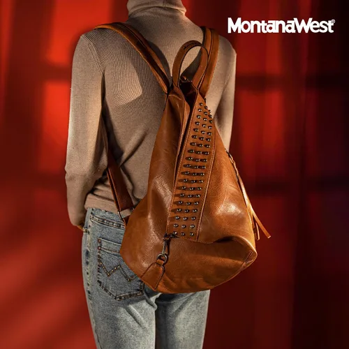 Vista 3 de Montana West Mochila para mujer, de cuero lavado suave, con cordón, casual, para viajes, grandes mochilas, **Mochila antirrobo marrón, Mochilas