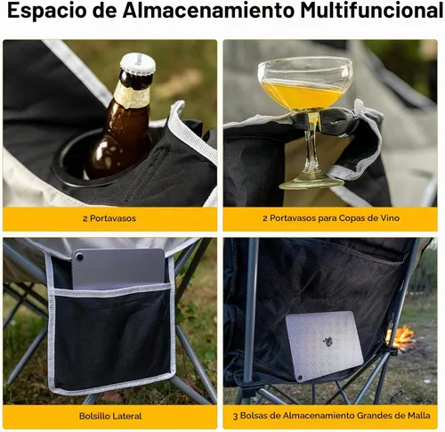 Vista 5 de Silla de camping doble – Sofá plegable para 2 – 3 personas al aire libre con portavasos y soportes para copas de vino – Sofá de dos plazas de gran
