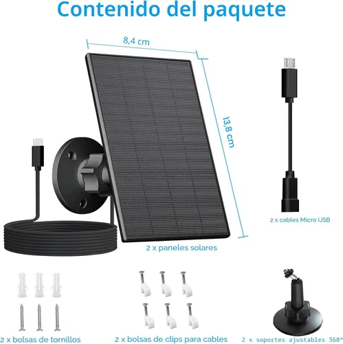 Vista 2 de Panel solar de 2 W para cámara de seguridad al aire libre, cargador USB/USB-C con IP65 impermeable, montaje ajustable de 360° y cable de 7.2 pies
