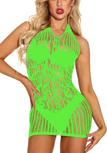 Vista 3 de Lencería de red para mujer, ropa de dormir de una pieza con cuello en V, mini vestido, talla única