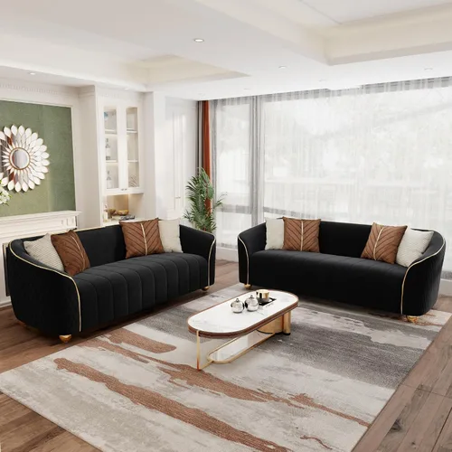 Vista 19 de Sofá de lujo de terciopelo retro de 3 plazas, cómodo sofá biplaza tapizado de terciopelo de 86 pulgadas con patas y almohadas de metal dorado, sofá