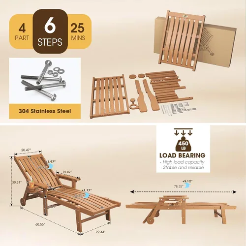 Vista 2 de THOEOE Juego de 2 tumbonas para exteriores, silla de piscina HDPE, madera