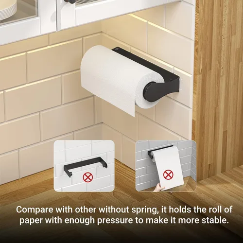 Vista 5 de Swaitee Soporte para toallas de papel debajo del gabinete, montaje en pared, desgarre con una mano, acero inoxidable, negro, soporte para rollo