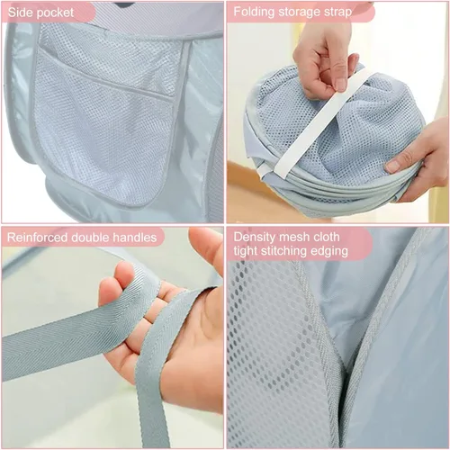 Vista 3 de 2 cestas de malla para la ropa sucia, canastas plegables para la ropa sucia, 75 L, cesta de almacenamiento horizontal con bolsillo lateral y asa