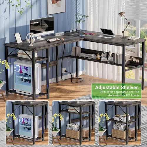 Vista 7 de Unikito Escritorio reversible en forma de L con tomas de corriente mágicas y puertos de carga USB, escritorio de esquina para computadora resistente