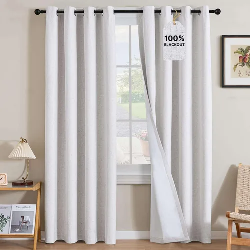 Vista 92 de H.VERSAILTEX Cortinas 100% opacas con aislamiento térmico, texturizadas, de lino, con bloqueo completo de calor y luz, para sala de estar y Negro
