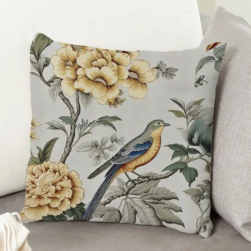 Vista 5 de ArogGeld Funda de cojín para sofá de granja con diseño de pájaro chinoiserie amarillo y gris, peonía, pavo real, decoración del hogar, funda
