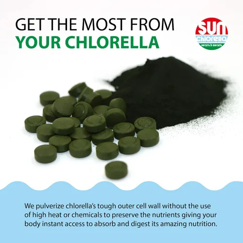 Vista 5 de Sun Chlorella Suplemento superalimento de algas verdes de 200 mg - Pared celular pulverizada - Clorofila, CGF, B12 activo, hierro, proteína, sin OMG