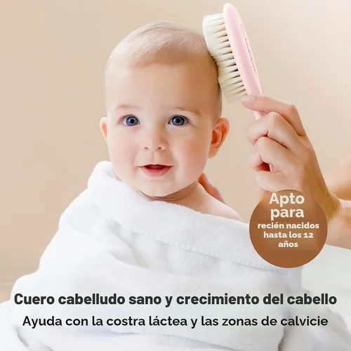 Vista 3 de Juego de cepillo y peine para cabello de bebé para recién nacidos - Juego de cepillos de madera para cabello de bebé con cerdas suaves de cabra
