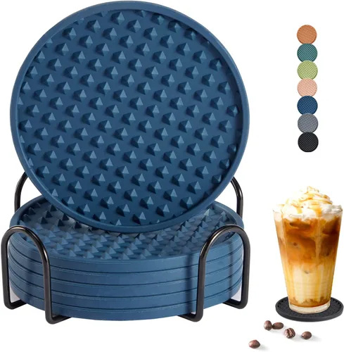 Vista 12 de Coga Juego de 6 posavasos con soporte, posavasos de silicona para cualquier tipo de mesa, mesas de madera, piedra, aptos para lavavajillas Paquete