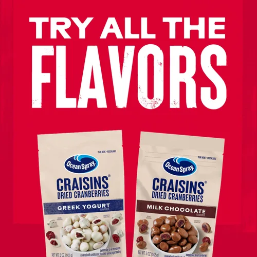 Vista 8 de Ocean Spray® Yogur griego cubierto Craisins®, sabor a yogur griego, arándanos cubiertos, frutas secas, bolsa de 5 onzas
