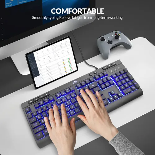 Vista 8 de Rii RK900Pro Teclado retroiluminado de impresión grande, teclado USB de tamaño completo con cable con retroiluminación azul, compatible con Windows