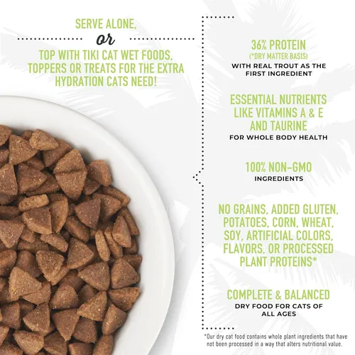 Vista 5 de Tiki Cat Born Carnivore Alimento seco para gatos, trucha y pescado Menhaden, bolsa de 6 libras Crunchy Kibble Texture for Indoor Cats, Real Animal
