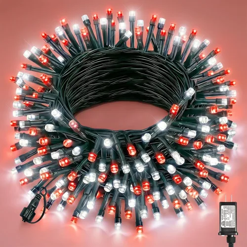 Vista 55 de Tira de luces LED de Navidad de 40 pies para exteriores, luces rojas y blancas de Navidad impermeables, 8 modos y temporizador, luces de árbol
