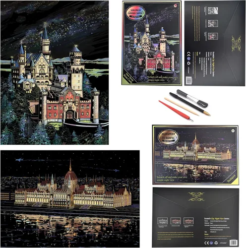 Vista 8 de Arte de arañazos para adultos, kit de manualidades de pintura de arañazos de arco iris de 16 x 11 pulgadas, juego de grabado de lámina, arte