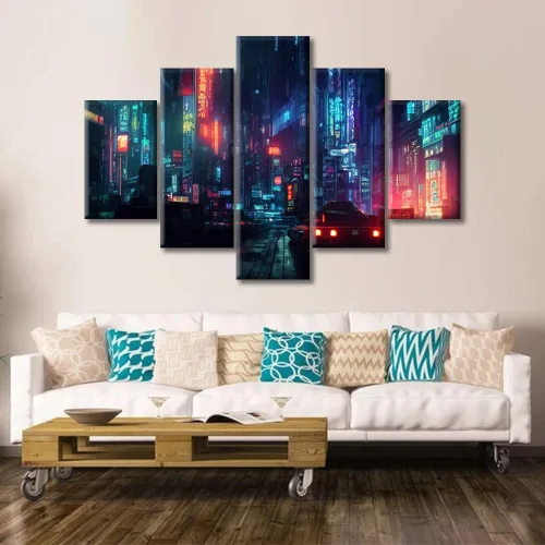 Vista 282 de Cuadros de 5 paneles de Cyberpunk City, arte de pared, representación de vallas publicitarias, edificios modernos en la capital con obras de arte