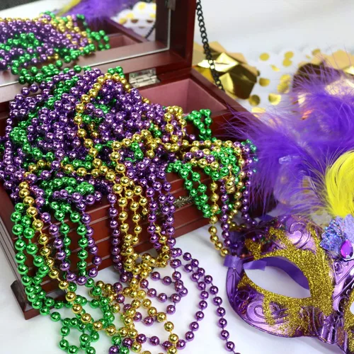 Vista 7 de GiftExpress 100 collares de cuentas metálicas de Mardi Gras para recuerdos, desfile de Año Nuevo, celebraciones del día de San Patricio