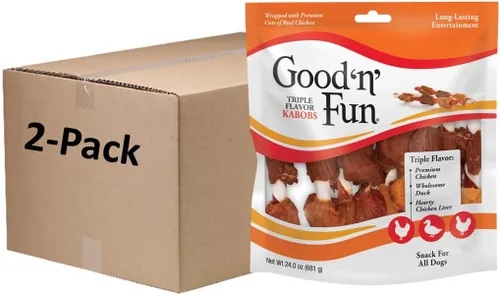 Vista 2 de Good'n'Fun - Brochetas de cuero crudo con triple sabor para perros, 24 onzas, 36 unidades, paquete de 6