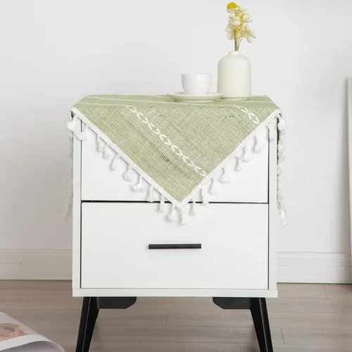 Vista 15 de Mantel Redondo Pequeño de Lino Rústico para Mesita de Noche con Rayas Bordadas Lavable Azul Cubierta de Mesa Estilo Granja con Puntadas y Borlas