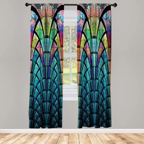 Vista 29 de Ambesonne - Cortinas amarillas para ventana, arte moderno escandinavo de escena de jardín con flores de tulipán y mariposas bailando, juego de 2