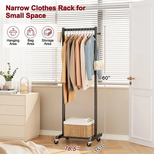 Vista 2 de SLEEPING LAMB Percheros pequeños para colgar ropa, perchero de ropa rodante con estantes, perchero de metal de 60 pulgadas con ruedas, estante