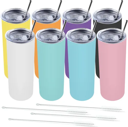 Vista 8 de Amtidy Paquete de 12 vasos delgados de 20 onzas con tapa y popote, vaso aislado al vacío de doble pared para bebidas frías y calientes