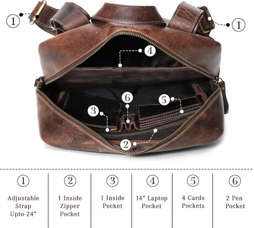 Vista 4 de Mochila de cuero hecha a mano para hombres y mujeres, bolsa para laptop de 15.6 pulgadas, cuero genuino, estilo retro, casual, para universidades