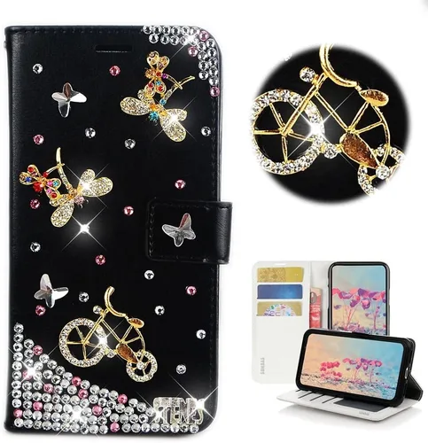 Vista 15 de Bling - Funda tipo cartera para teléfono compatible con Samsung Galaxy Z Fold 3 5G, elegante, hecha a mano en 3D con cristales y mariposas