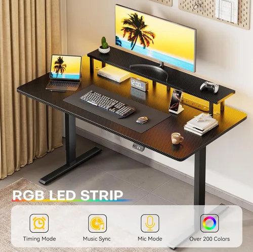 Vista 6 de HLDIRECT - Escritorio eléctrico de pie de 47 pulgadas con luces LED y tomacorriente, fibra de carbono