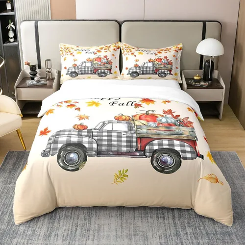 Vista 7 de Juego de funda de edredón de calabaza de otoño 100 % algodón, juego de ropa de cama de cosecha de Acción de Gracias para niños, niñas, adolescentes