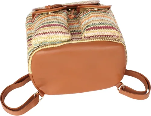 Vista 9 de Meyaus Mochila de paja hecha a mano para mujer, con solapa, cordón y cordón, Marrón claro, Mochilas Daypack