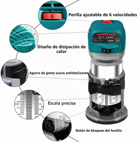 Vista 3 de DOBETTER Herramienta de Router, 6.5 Amp 1.25 HP Routers de Madera para Carpintería, Router de Palma de Base Fija con 6 Velocidades Variables con 12