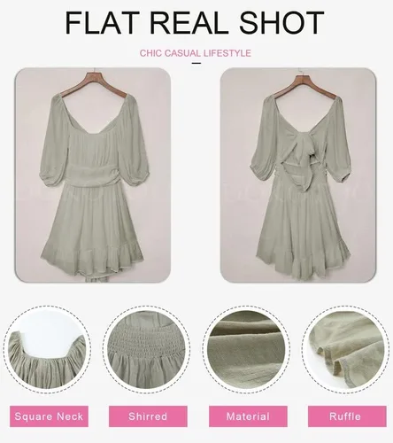 Vista 4 de Dokotoo Vestidos de verano para mujer cuello cuadrado lazo en la espalda manga farol volantes acampanado casual mini vestido