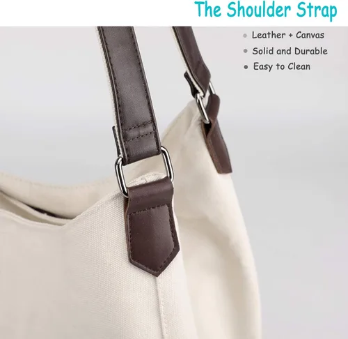 Vista 4 de Dourr Bolso para hombro para mujer, con múltiples bolsillos, bolso de mano moderno de lona de algodón