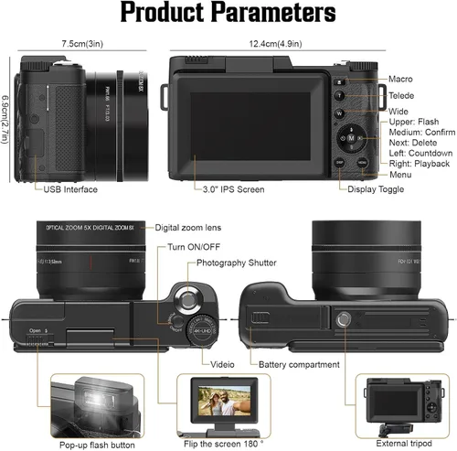 Vista 3 de Cámara digital 4K para fotografía, enfoque automático, cámara de vlogging de 48 MP para YouTube, cámara compacta de zoom digital 8X, pantalla de 3