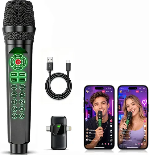 Vista 9 de Facmogu MC9 Karaoke - Kit todo en uno para micrófono y tarjeta de sonido Voice Changer Sound Effects, BT, Noise Reduction Real-Time Monitoring